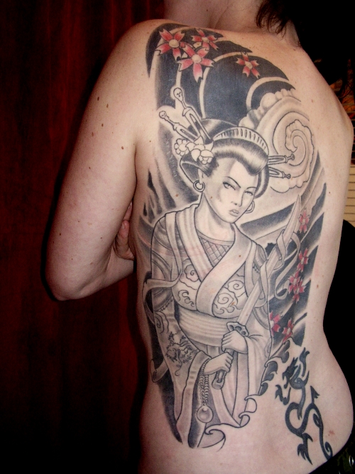 Best Japanese Tattoos Black Geisha Tattoo on Back Body Girl.